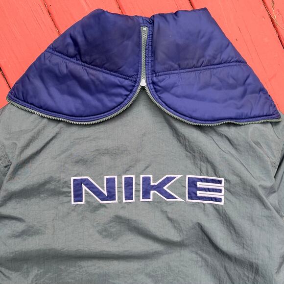 Vintage Nike Swoosh Split Hooded Long Puffer Jacket Parka Coat Green Navy L 90s - Picture 4 of 15